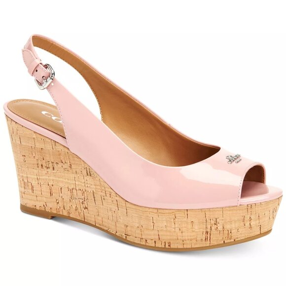 COACH Ferry Platform Wedges Patent Leather Pink Peep Toe Sz 7 B Platform - Picture 1 of 9